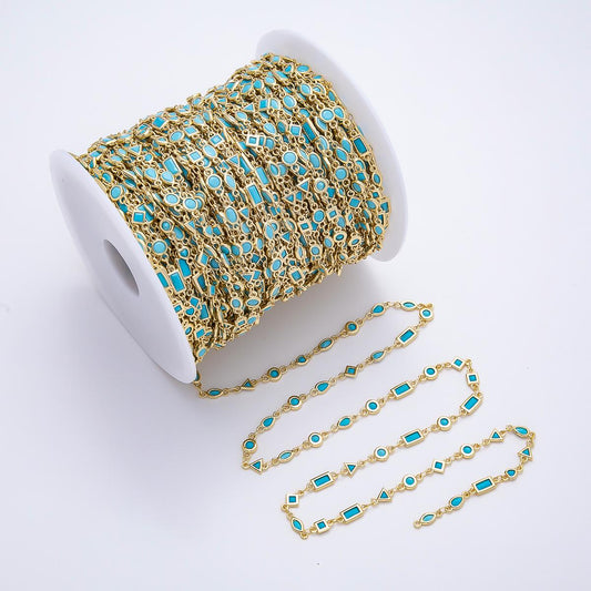 16K Gold Filled 5mm Blue Turquoise Multi Cut Bezel Gemstone Chain by Yard | Roll-01887