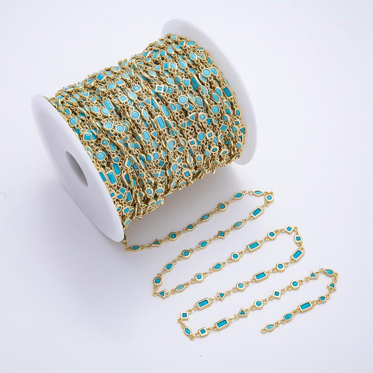 16K Gold Filled 5mm Blue Turquoise Multi Cut Bezel Gemstone Chain by Yard | Roll-01887