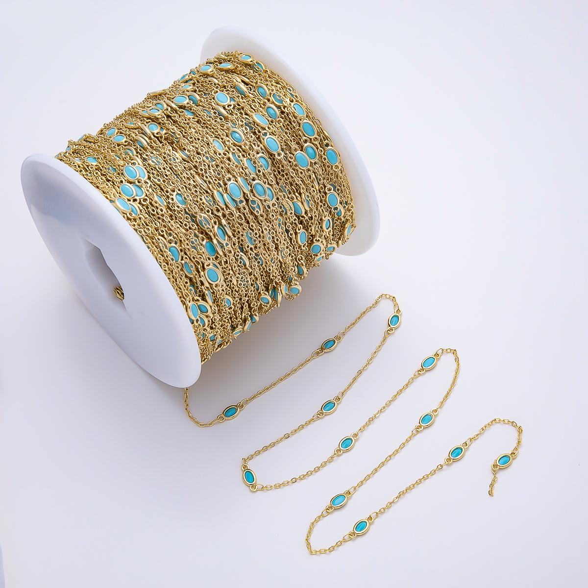 16K Gold Filled 4mm Blue Turquoise Oval Bezel Satellite Gemstone Chain by Yard Wholesale Bulk DIY Jewelry Making Supplies | Roll-01888