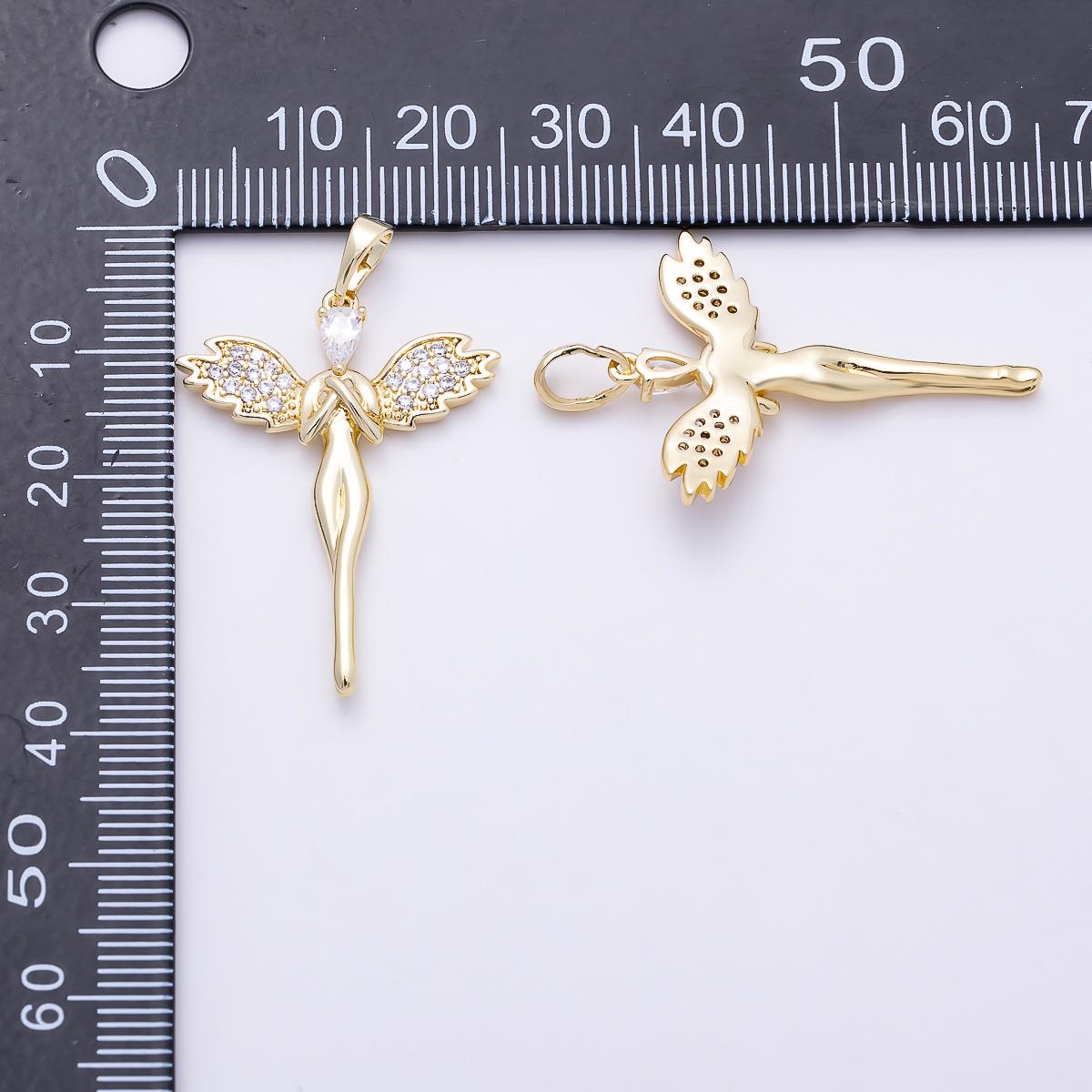 16K Gold Filled 32mm Micro Paved CZ Guardian Angel Religious Pendant Winged Fairy Charm Spiritual Memorial Jewelry Gift | Charms-01392