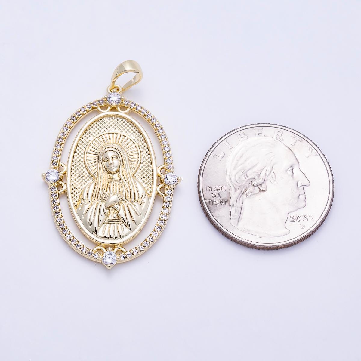 16K Gold Filled 36mm Clear Micro Paved CZ Virgin Mary Oval Religious Pendant | Charms-01395