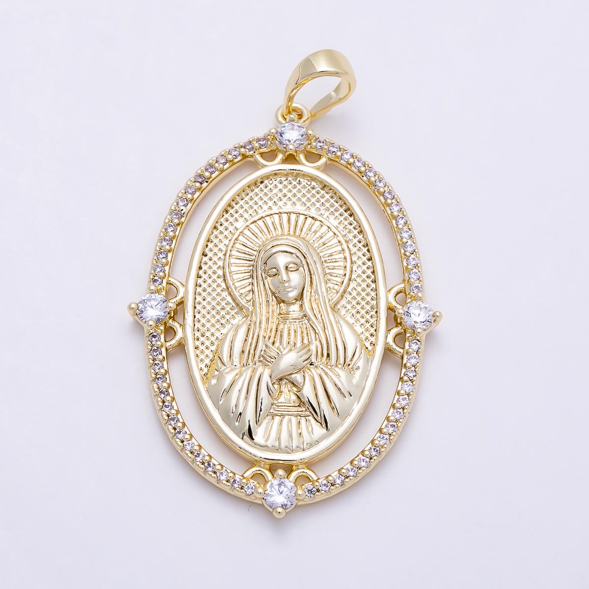 16K Gold Filled 36mm Clear Micro Paved CZ Virgin Mary Oval Religious Pendant | Charms-01395