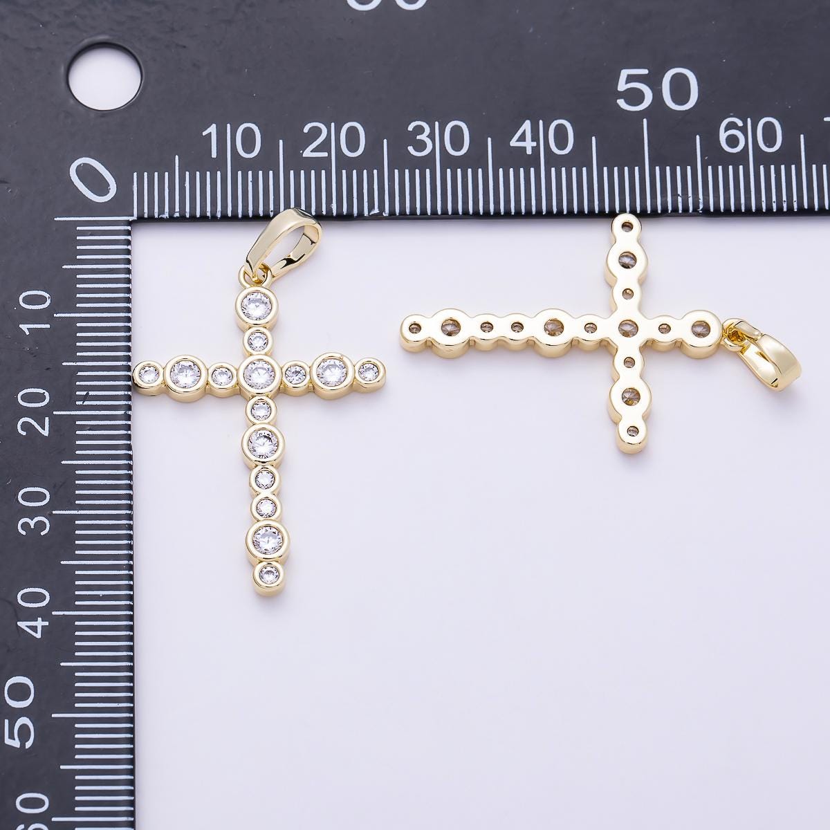 16K Gold Filled 33mm Clear CZ Round Bezel Cross Religious Pendant Dainty Christian Faith Charm Graduation Baptism Gift for Her| Charms-01402