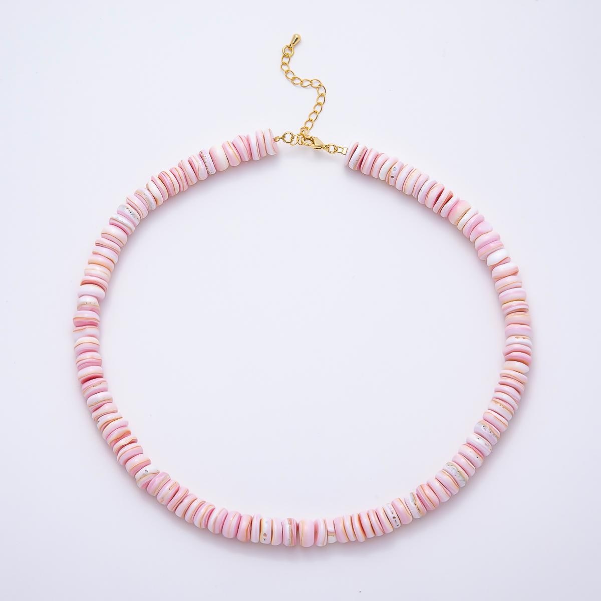 SUMMER 18K Gold Filled 9mm Pink Shell Heishi Rondelle Gemstone Chain 16 Inch Necklace w. Extender Beach Boho Jewelry Gift for Her | WA-00398
