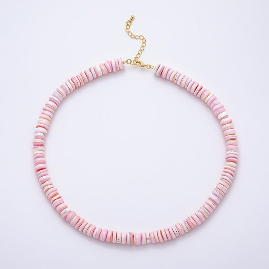 SUMMER 18K Gold Filled 9mm Pink Shell Heishi Rondelle Gemstone Chain 16 Inch Necklace w. Extender Beach Boho Jewelry Gift for Her | WA-00398