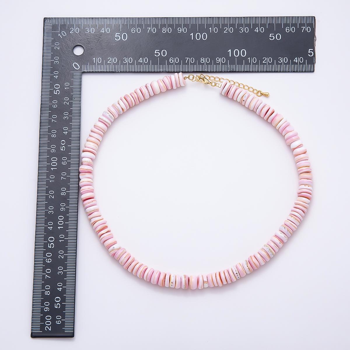 SUMMER 18K Gold Filled 9mm Pink Shell Heishi Rondelle Gemstone Chain 16 Inch Necklace w. Extender Beach Boho Jewelry Gift for Her | WA-00398