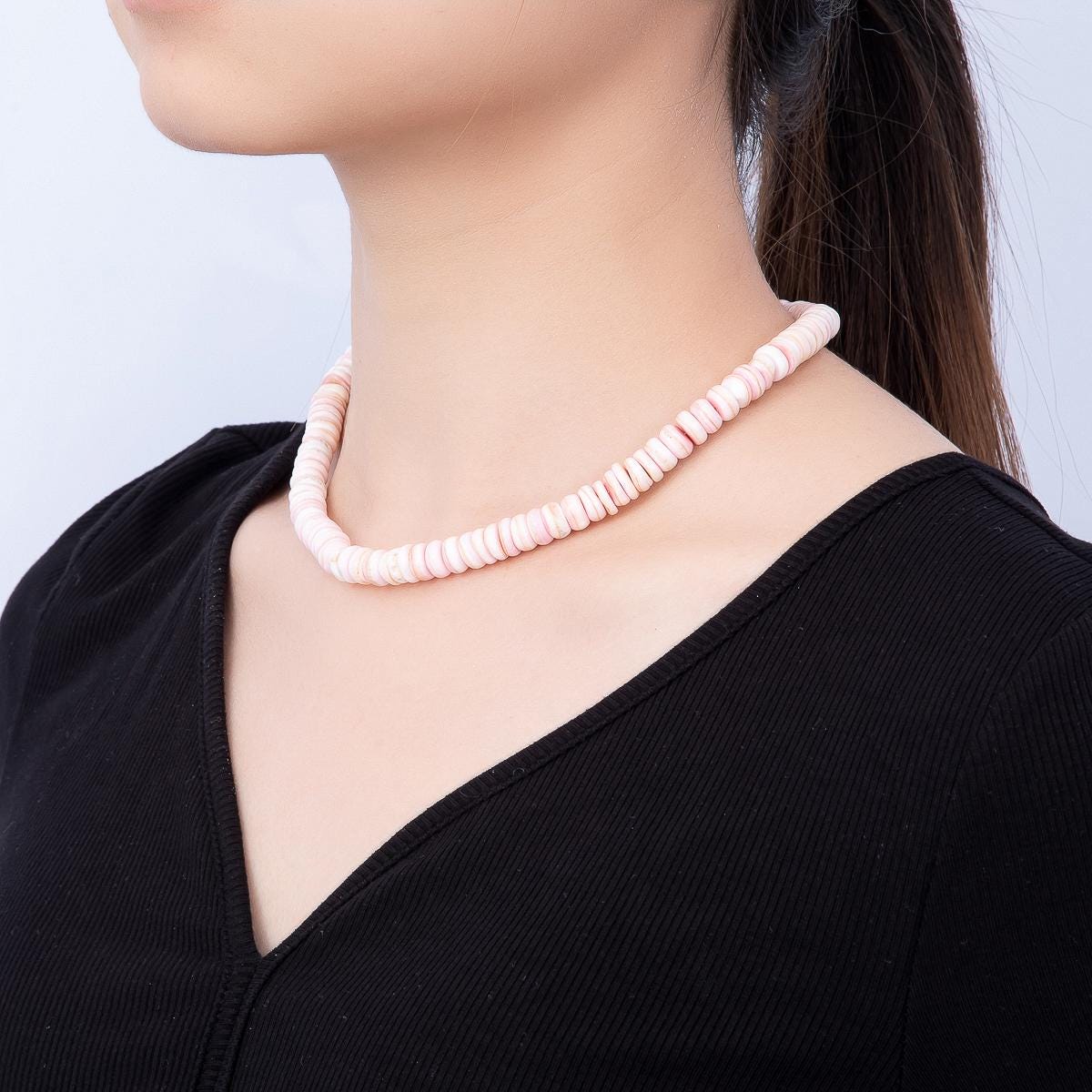 SUMMER 18K Gold Filled 9mm Pink Shell Heishi Rondelle Gemstone Chain 16 Inch Necklace w. Extender Beach Boho Jewelry Gift for Her | WA-00398