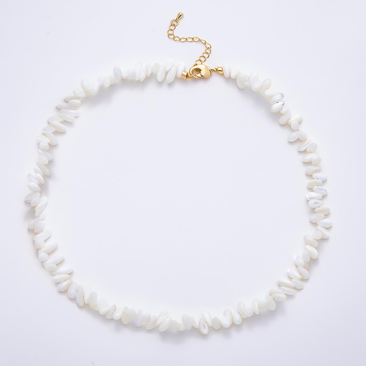 18K Gold Filled 7.5mm Yellow, White Shell Pearl Pebble Gemstone Chain 16.5 Inch Necklace Beach Boho Summer Jewelry Gift for Her | WA-00400
