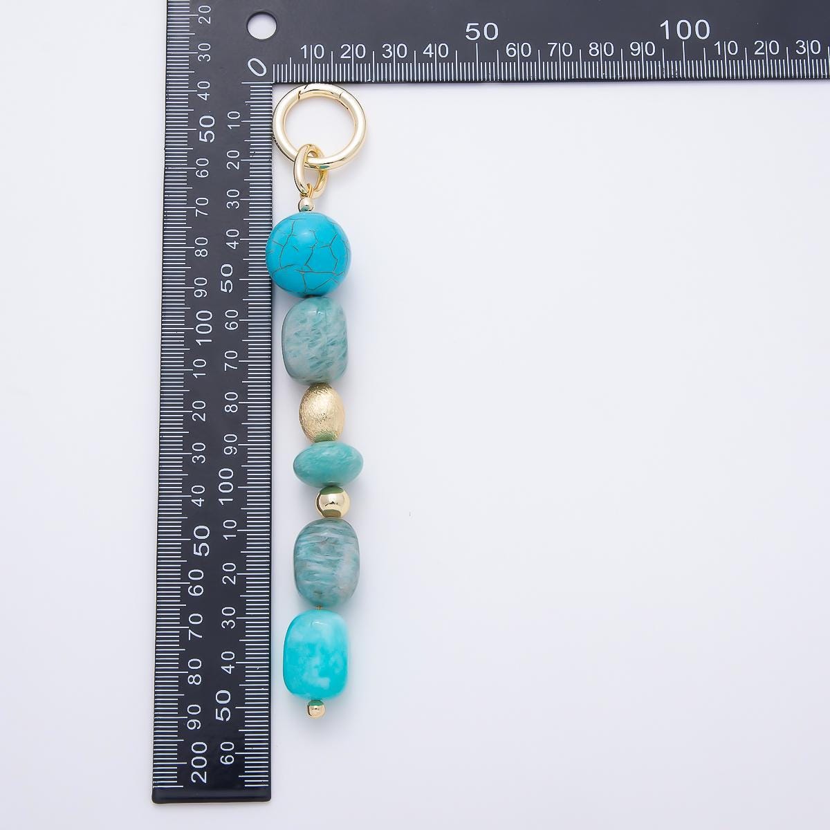 16K Gold Filled 6 Inch Blue Amazonite Turquoise Textured Bead Gemstone Bag Charm Keychain Push Gate Boho Purse Accessory Gift | WB-00371