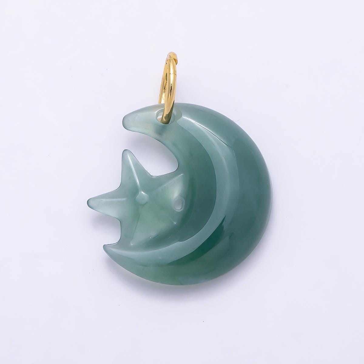 16K Gold Filled 17.5mm Green Aventurine Celestial Star Crescent Moon Gemstone Charm Carved Jade Pendant Necklace Crystal Gift | Charms-01475