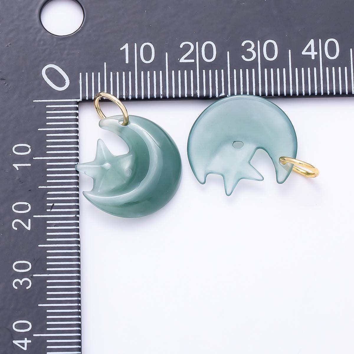 16K Gold Filled 17.5mm Green Aventurine Celestial Star Crescent Moon Gemstone Charm Carved Jade Pendant Necklace Crystal Gift | Charms-01475