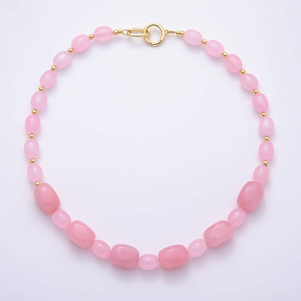 Handmade 16K Gold Filled 15mm Pink Quartz Gradient Rectangle Gemstone Chain 19 Inch Necklace w. Dual Push Gate Charm Holder | WA-01503