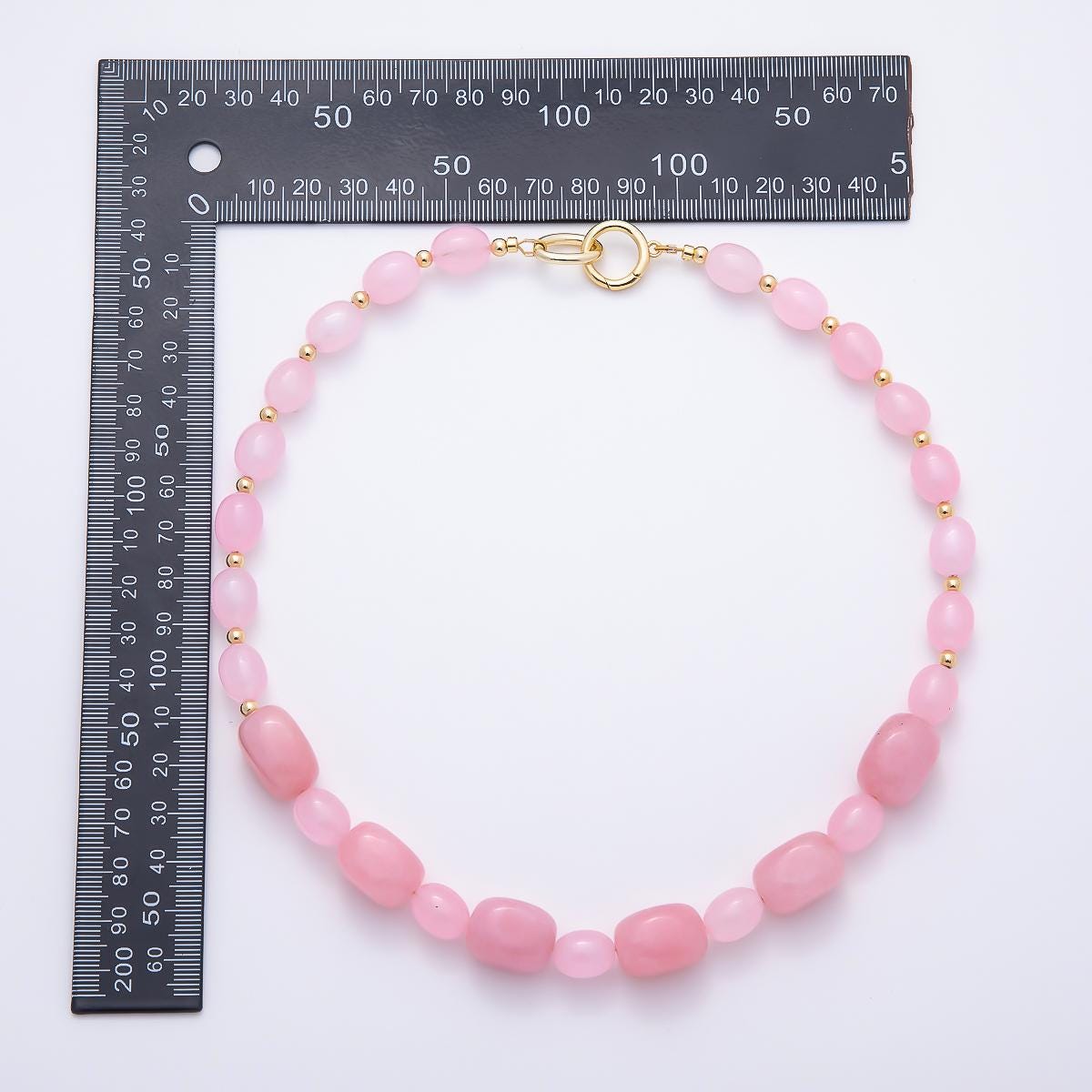 Handmade 16K Gold Filled 15mm Pink Quartz Gradient Rectangle Gemstone Chain 19 Inch Necklace w. Dual Push Gate Charm Holder | WA-01503