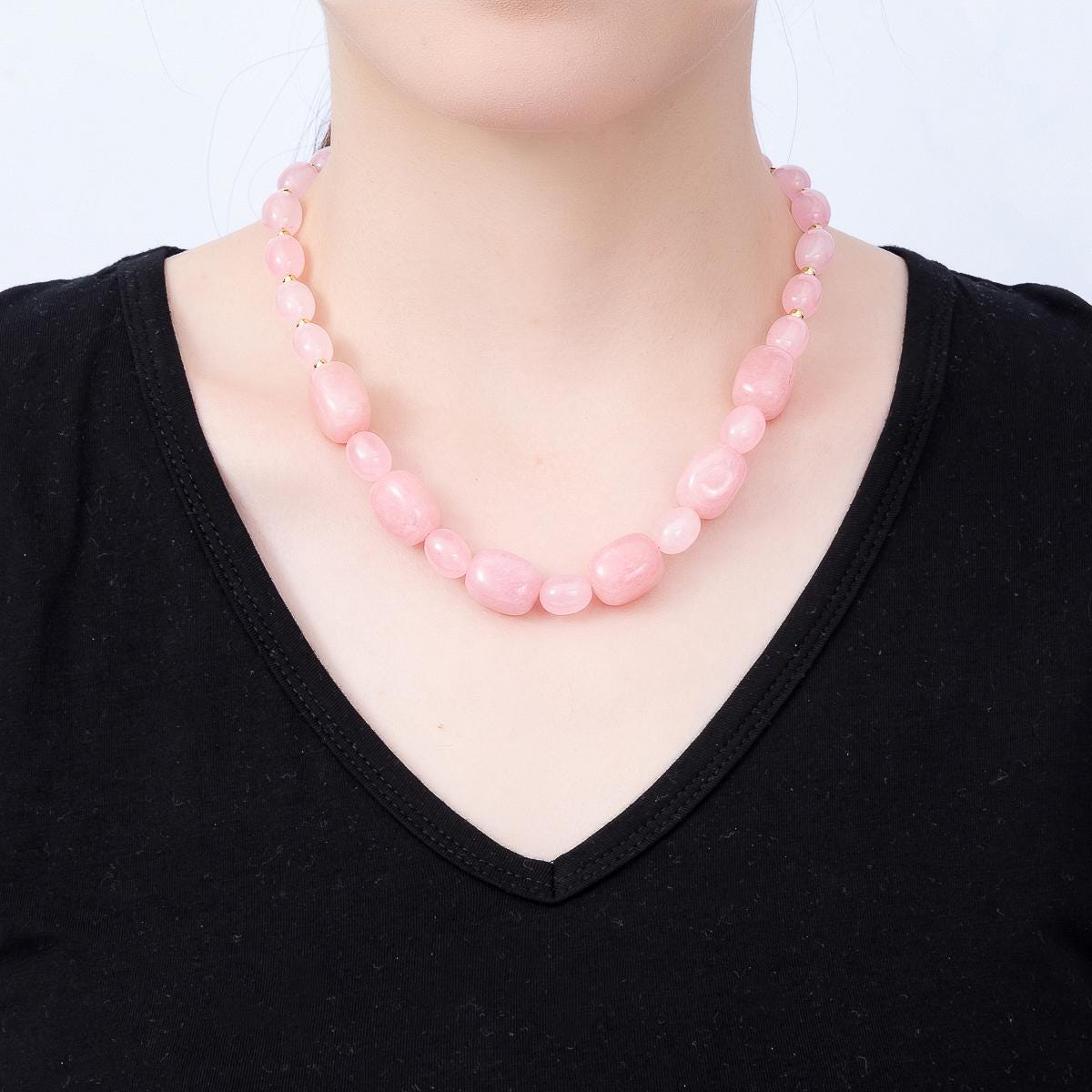 Handmade 16K Gold Filled 15mm Pink Quartz Gradient Rectangle Gemstone Chain 19 Inch Necklace w. Dual Push Gate Charm Holder | WA-01503
