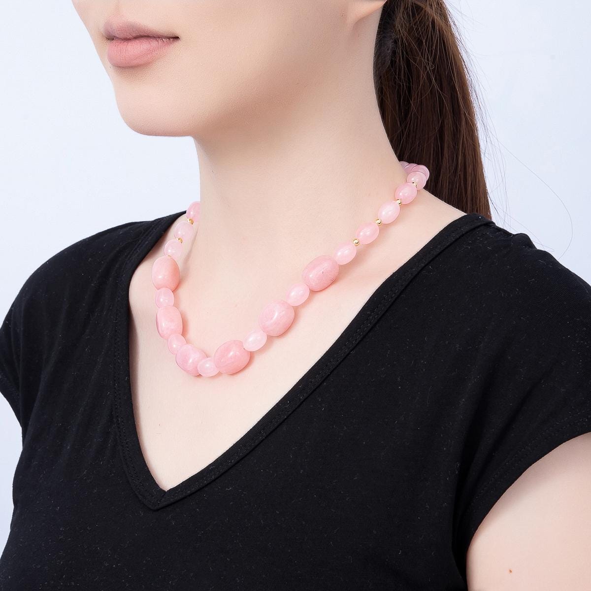Handmade 16K Gold Filled 15mm Pink Quartz Gradient Rectangle Gemstone Chain 19 Inch Necklace w. Dual Push Gate Charm Holder | WA-01503
