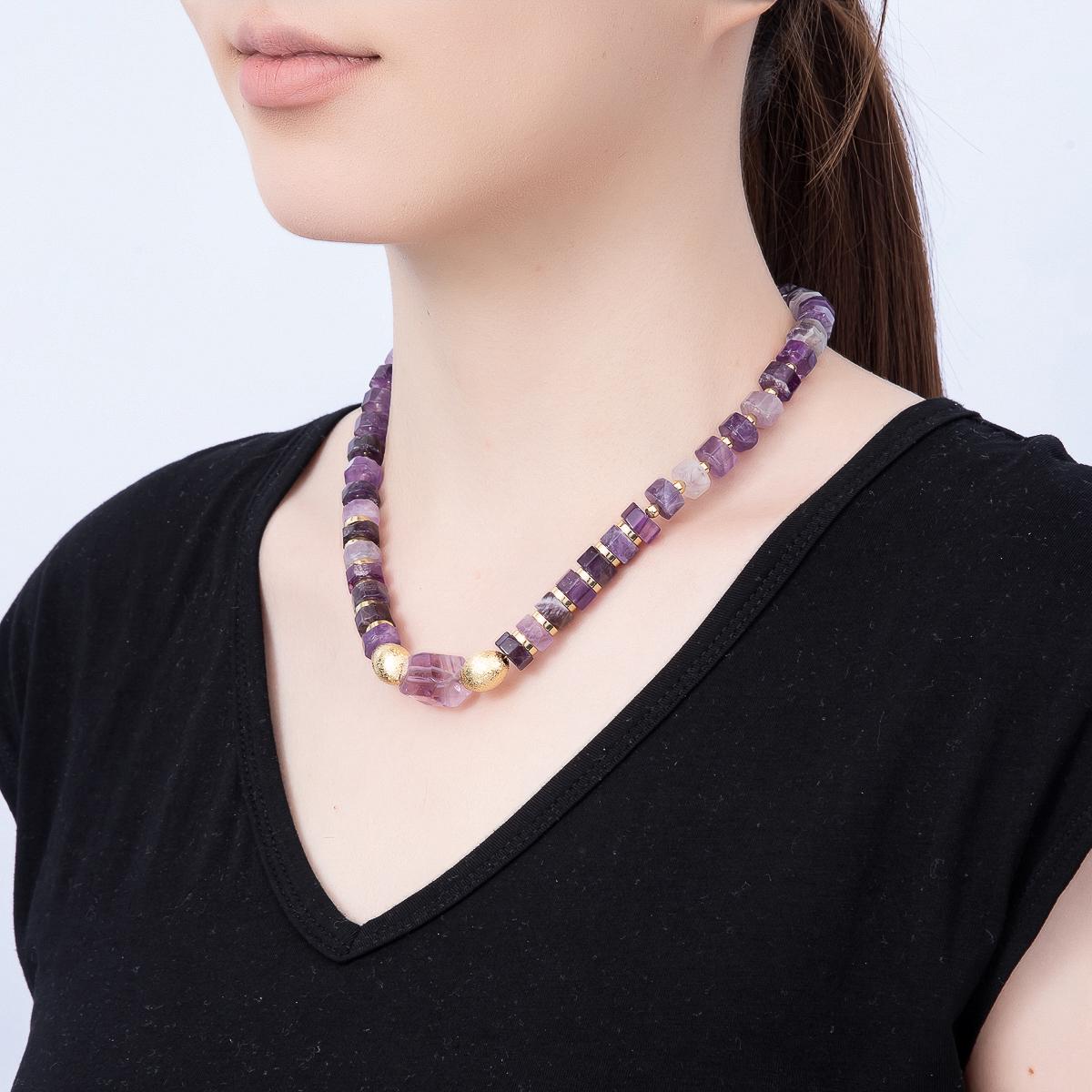 Handmade 16K Gold Filled Purple Amethyst Tube Gemstone Chain 18 Inch Necklace Raw Crystal Choker Boho Luxury Gift for Her | WA-01481