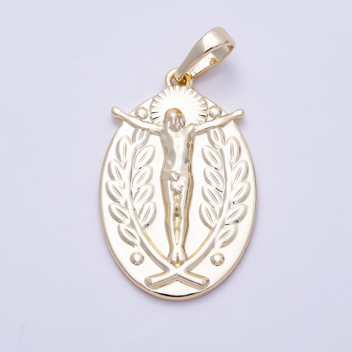 16K Gold Filled 28mm Religious Crucifix Double Sided Oval Pendant Jesus Medal Laurel Wreath Necklace Charm Jewelry Finding | Charms-01469