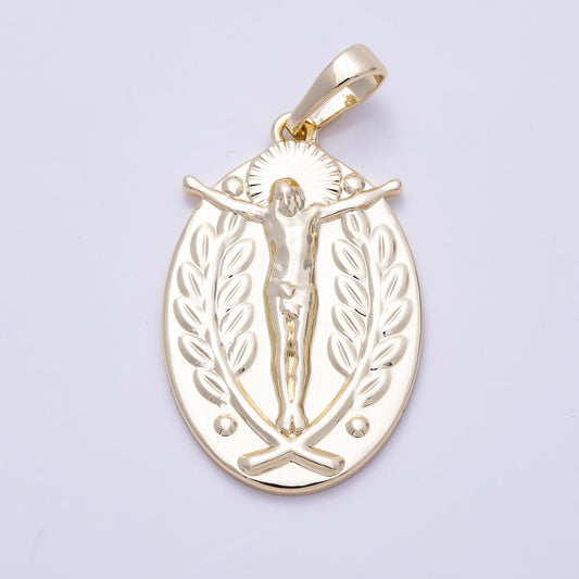 16K Gold Filled 28mm Religious Crucifix Double Sided Oval Pendant Jesus Medal Laurel Wreath Necklace Charm Jewelry Finding | Charms-01469