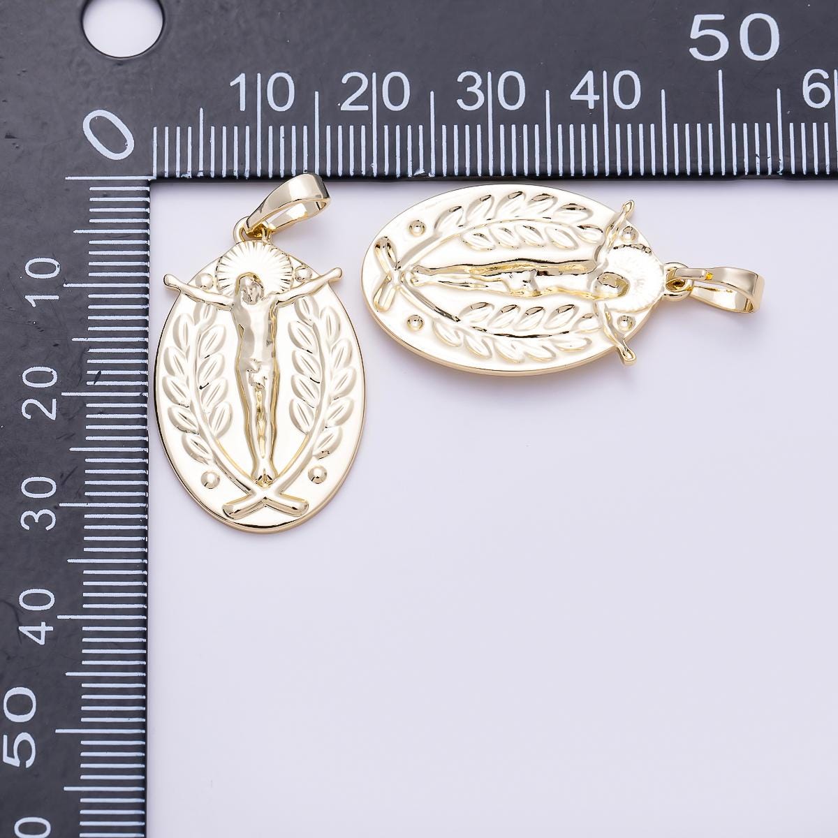 16K Gold Filled 28mm Religious Crucifix Double Sided Oval Pendant Jesus Medal Laurel Wreath Necklace Charm Jewelry Finding | Charms-01469