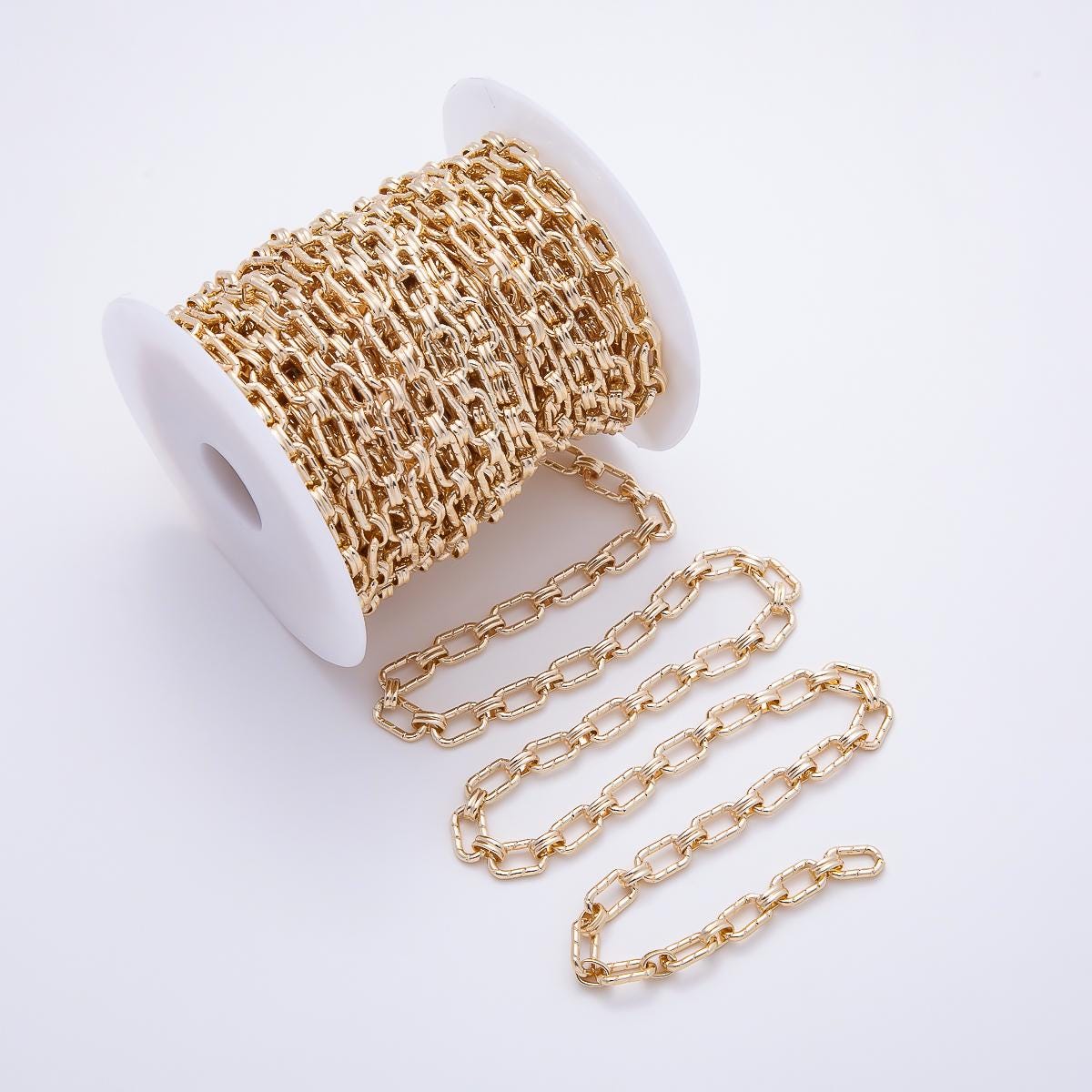 18K Gold Filled 10mm x 6mm Lined Paperclip w Double Cable Link Unfinished Chain by Yard | Roll-01894