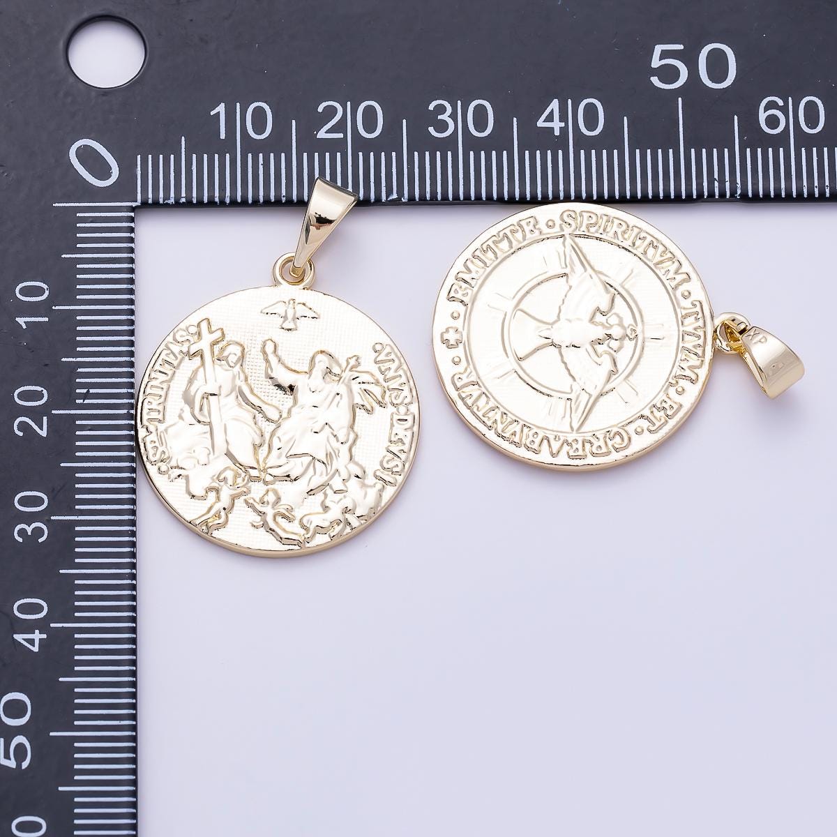 16K Gold Filled 28mm Minimalist Holy Trinity Religious Double Sided Round Pendant Catholic Round Necklace DIY Jewelry Supply | Charms-01471