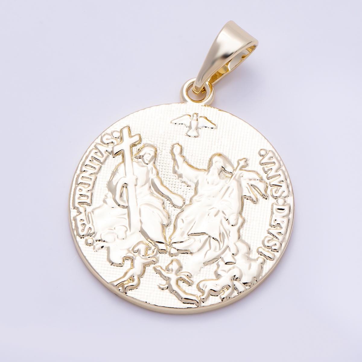 16K Gold Filled 28mm Minimalist Holy Trinity Religious Double Sided Round Pendant Catholic Round Necklace DIY Jewelry Supply | Charms-01471