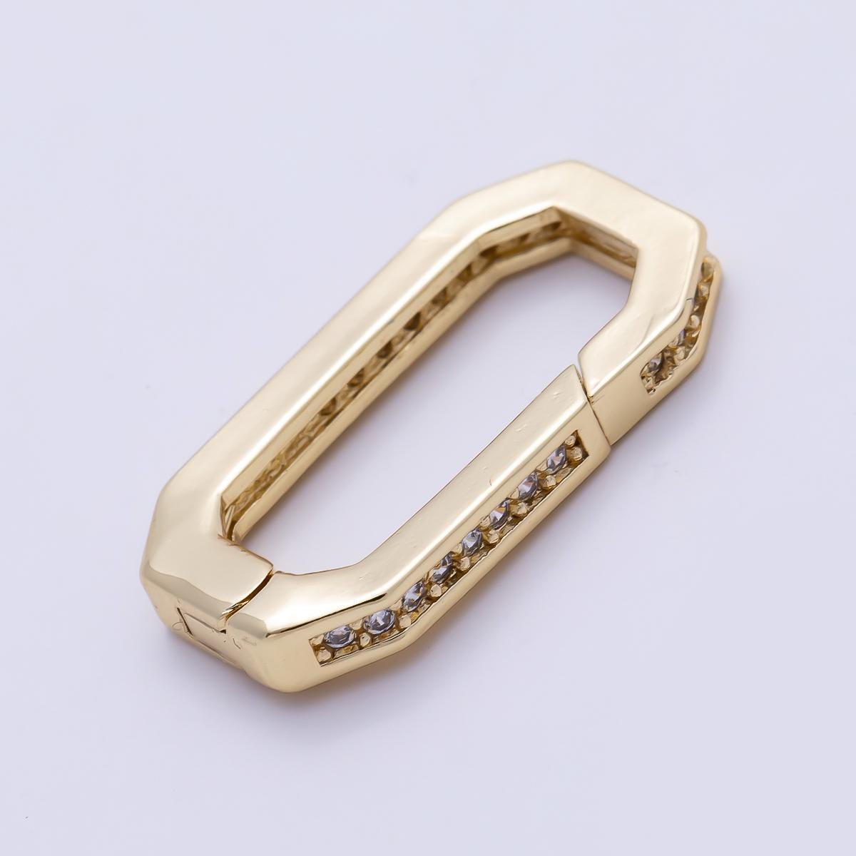 16K Gold Filled 18mm Micro Paved CZ Edged Oblong Push Gate Enhancer Findings in Gold & Silver Karabiner Clasp Charm Holder | Findings-00428