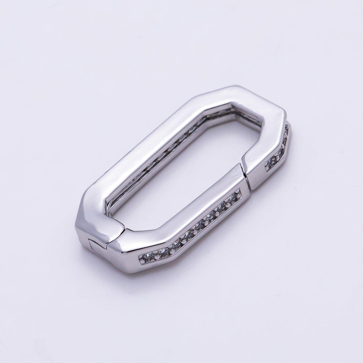 16K Gold Filled 18mm Micro Paved CZ Edged Oblong Push Gate Enhancer Findings in Gold & Silver Karabiner Clasp Charm Holder | Findings-00428
