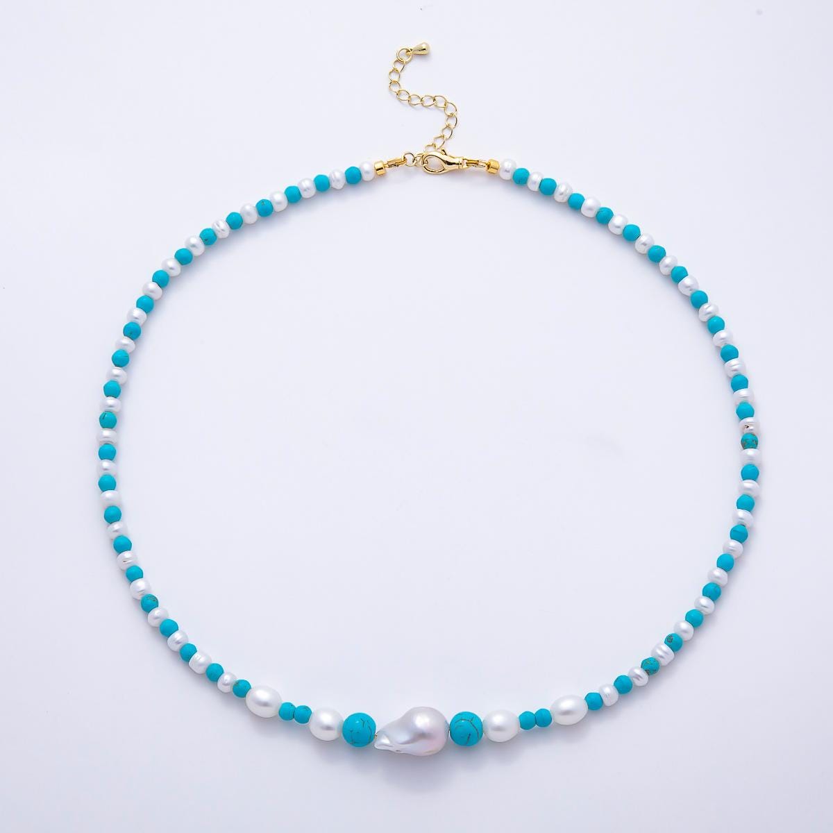 16K Gold Filled 5mm Shell Pearl Turquoise Round Gradient Gemstone Chain 18 Inch Necklace Baroque Focal Statement Choker | WA-01508