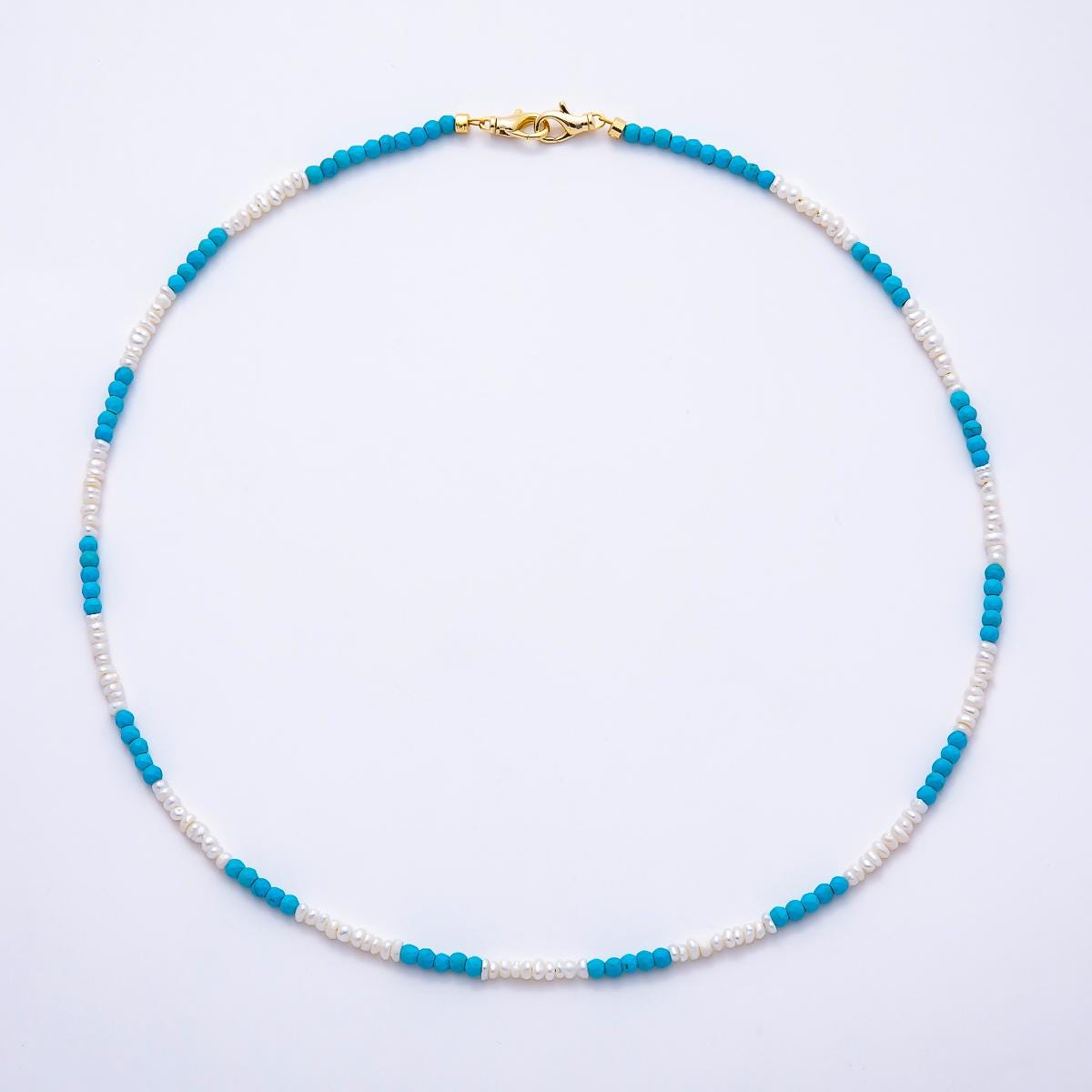 16K Gold Filled 3mm Seed Shell Pearl Turquoise Gemstone Chain 18.5 Inch Necklace Beach Choker Dainty Boho Layering | WA-01509