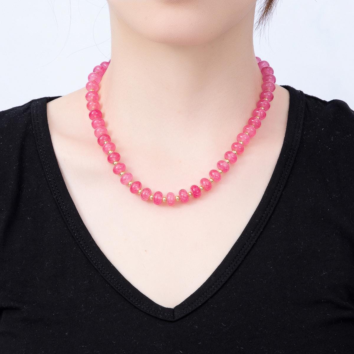 16K Gold Filled 4mm Pink Agate Bead Rondelle Gemstone Chain 18 Inch Necklace w. Dual Closure Gold Accents Trendy Summer Necklace | WA-01740
