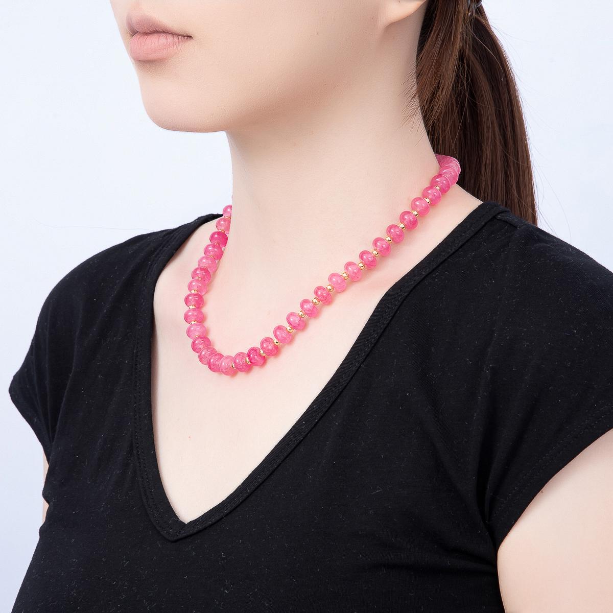 16K Gold Filled 4mm Pink Agate Bead Rondelle Gemstone Chain 18 Inch Necklace w. Dual Closure Gold Accents Trendy Summer Necklace | WA-01740