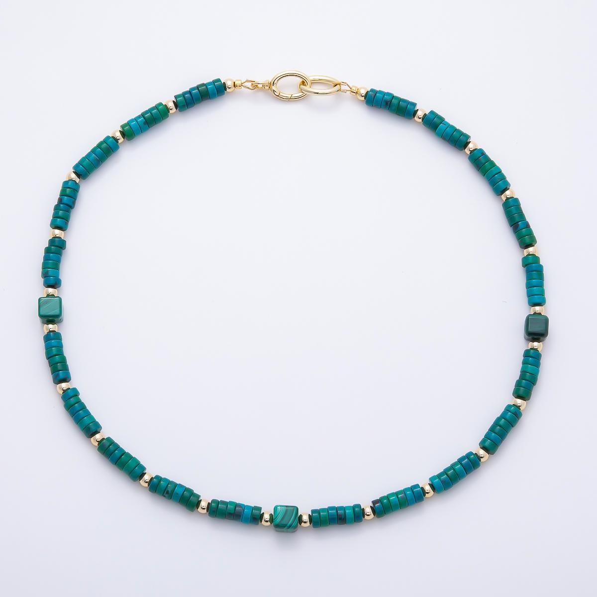16K Gold Filled 7mm Green Malachite Tube Rondelle Gemstone Chain 20.5 Inch Necklace w. Dual Push Gate Charm Holder Trendy Jewelry | WA-01960