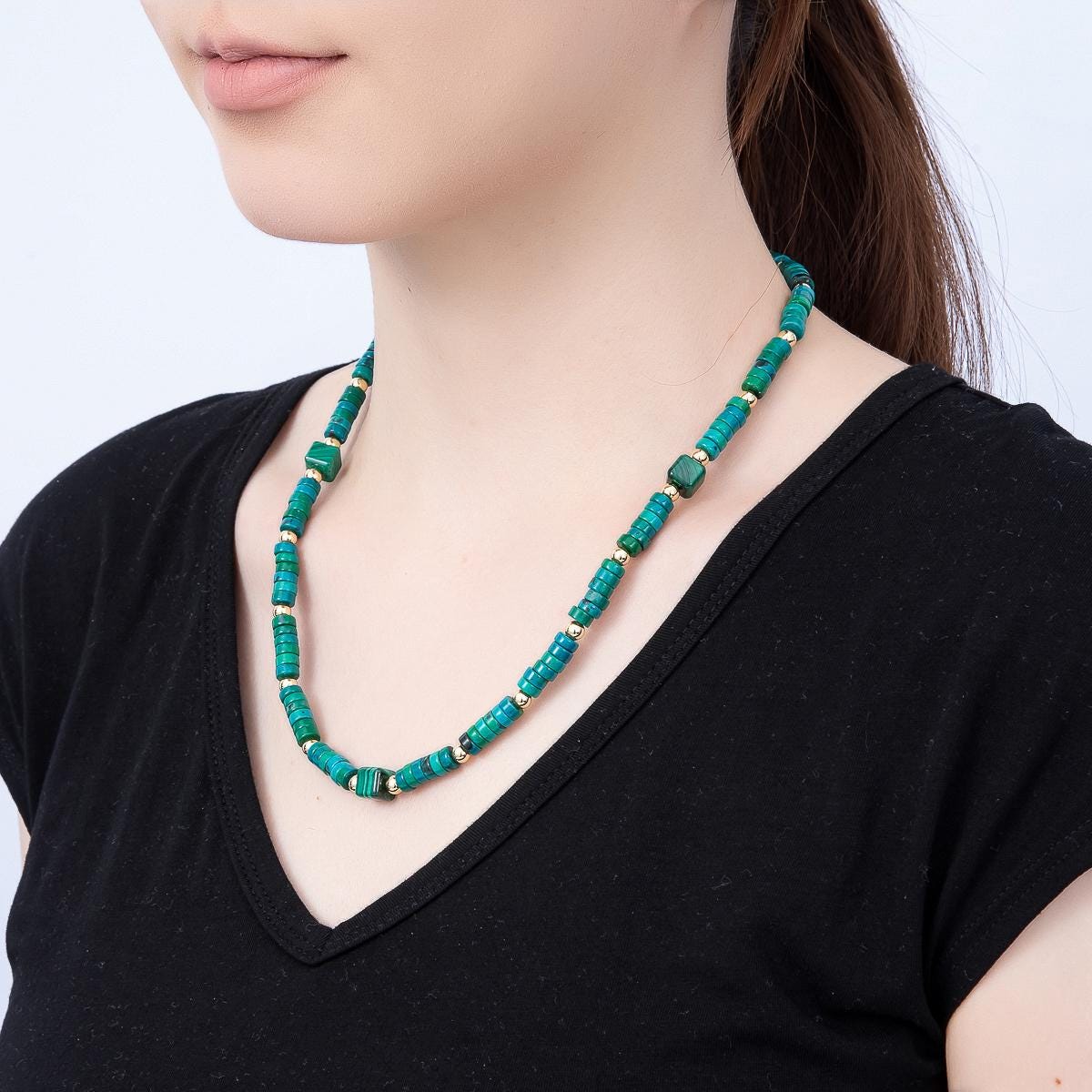 16K Gold Filled 7mm Green Malachite Tube Rondelle Gemstone Chain 20.5 Inch Necklace w. Dual Push Gate Charm Holder Trendy Jewelry | WA-01960