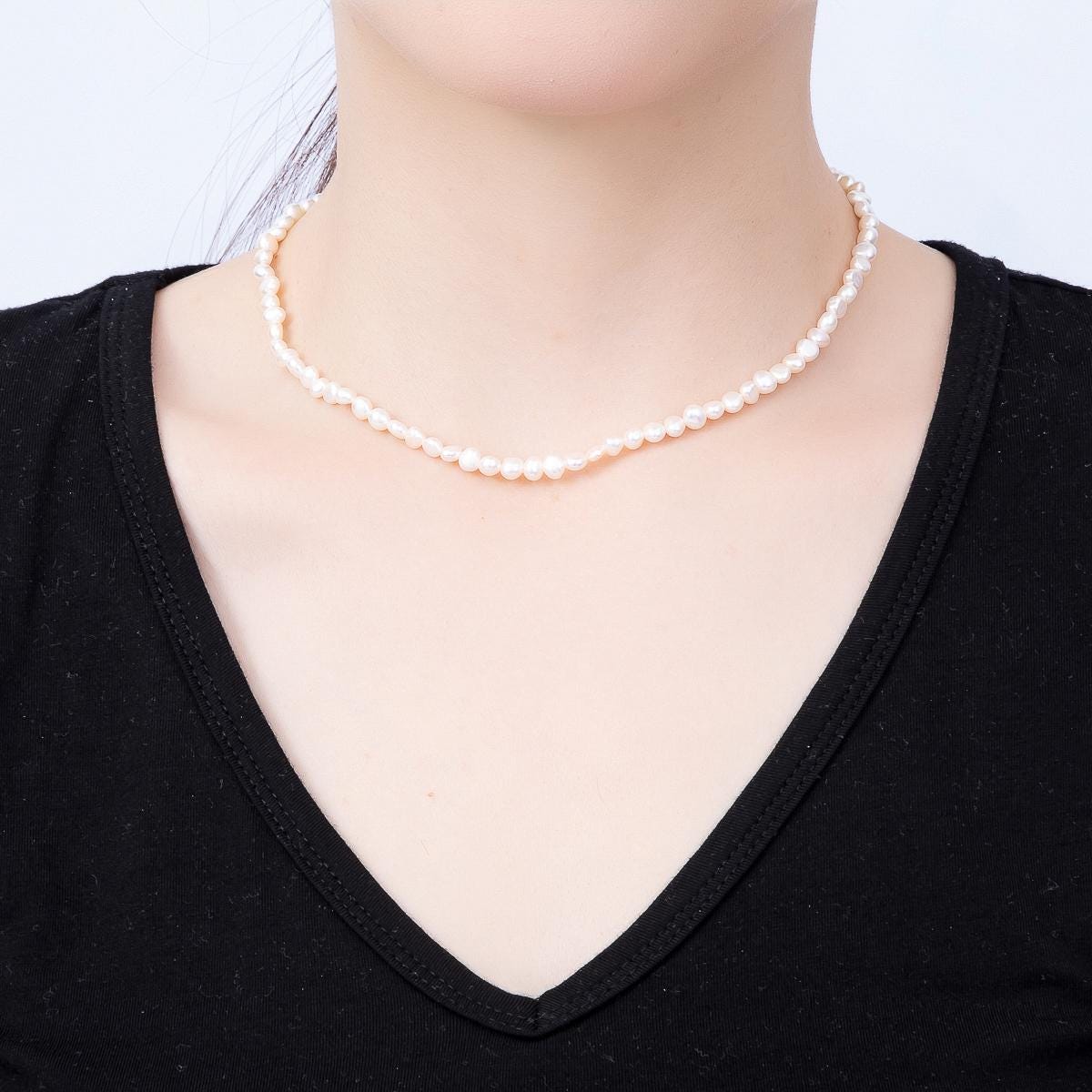 18K Gold Filled 5mm White Button Freshwater Pearl Gemstone Chain 15 Inch Choker Necklace Dainty Minimalist Layering Jewelry | WA-02297