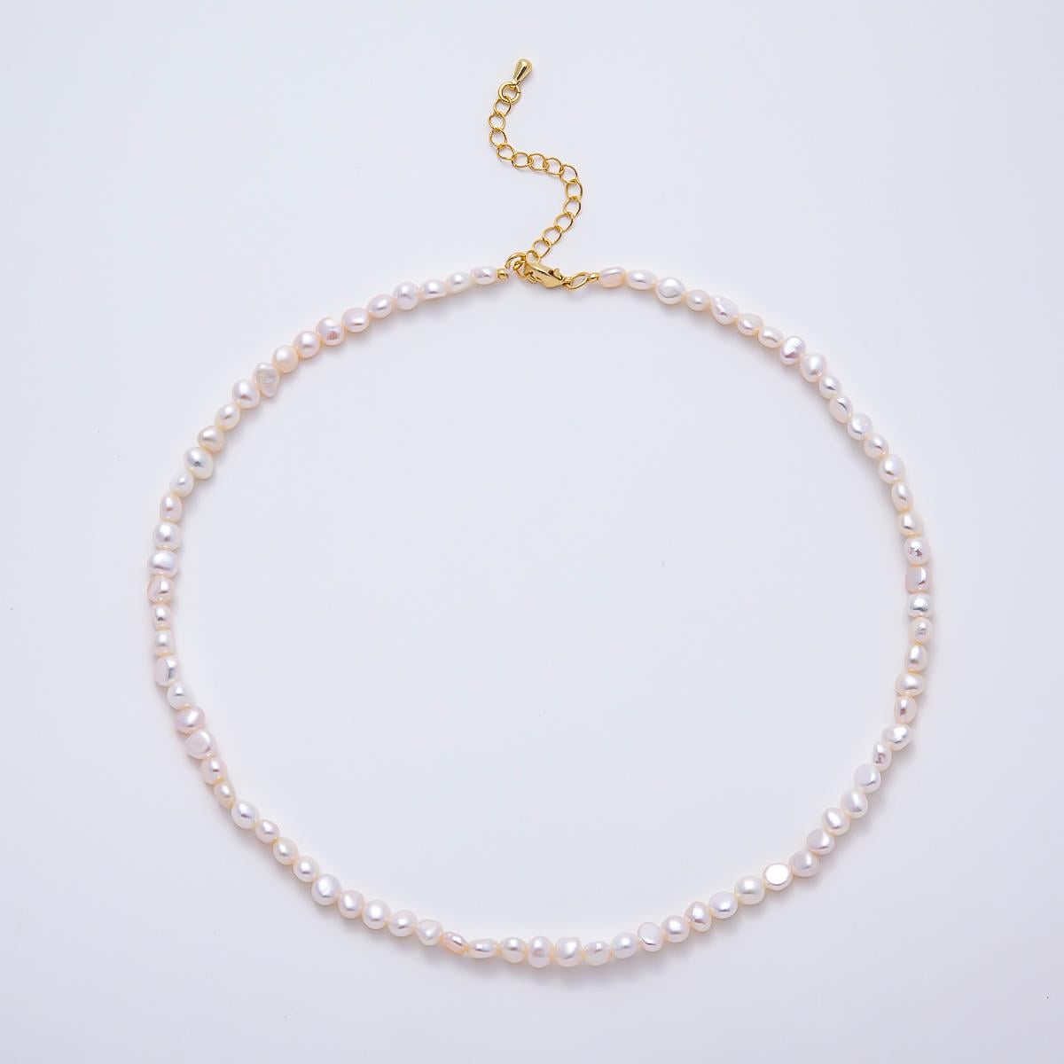18K Gold Filled 5mm White Button Freshwater Pearl Gemstone Chain 15 Inch Choker Necklace Dainty Minimalist Layering Jewelry | WA-02297