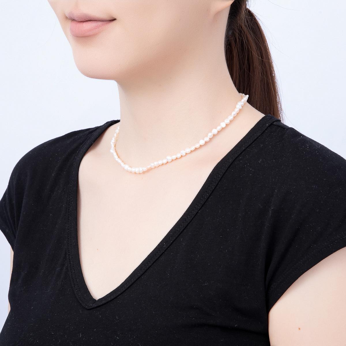 18K Gold Filled 5mm White Button Freshwater Pearl Gemstone Chain 15 Inch Choker Necklace Dainty Minimalist Layering Jewelry | WA-02297