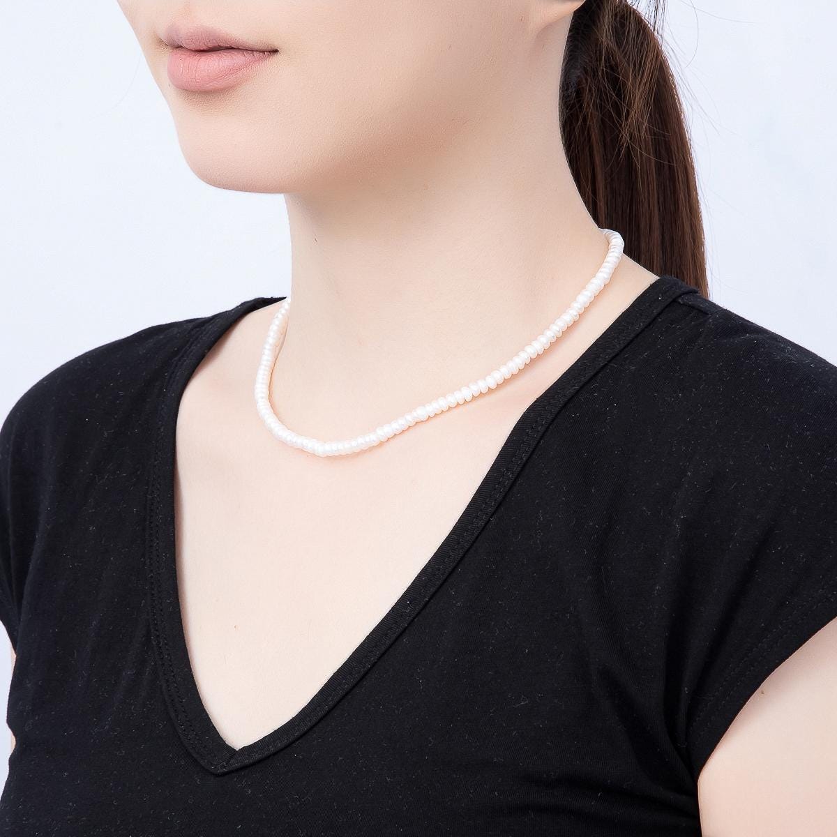 18K Gold Filled 5mm White Freshwater Pearl Rondelle Gemstone Chain 15 Inch Choker Necklace Wedding Jewelry Elegant Gift for her | WA-02321