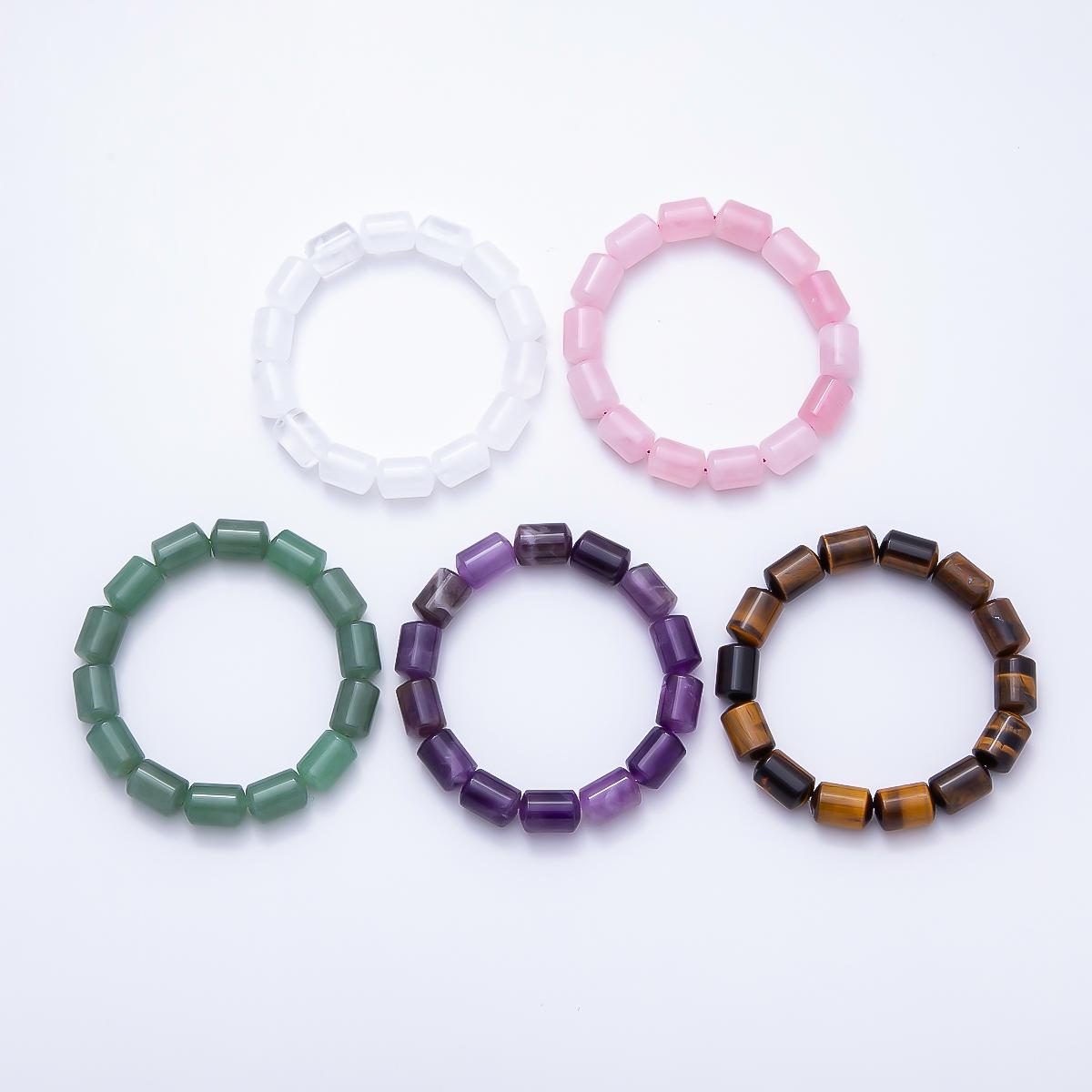 16K Gold Filled 10mm Clear Quartz, Amethyst, Aventurine, Rose Quartz, Tiger Eye Tube Gemstone Stretch Bracelet | WA-02243