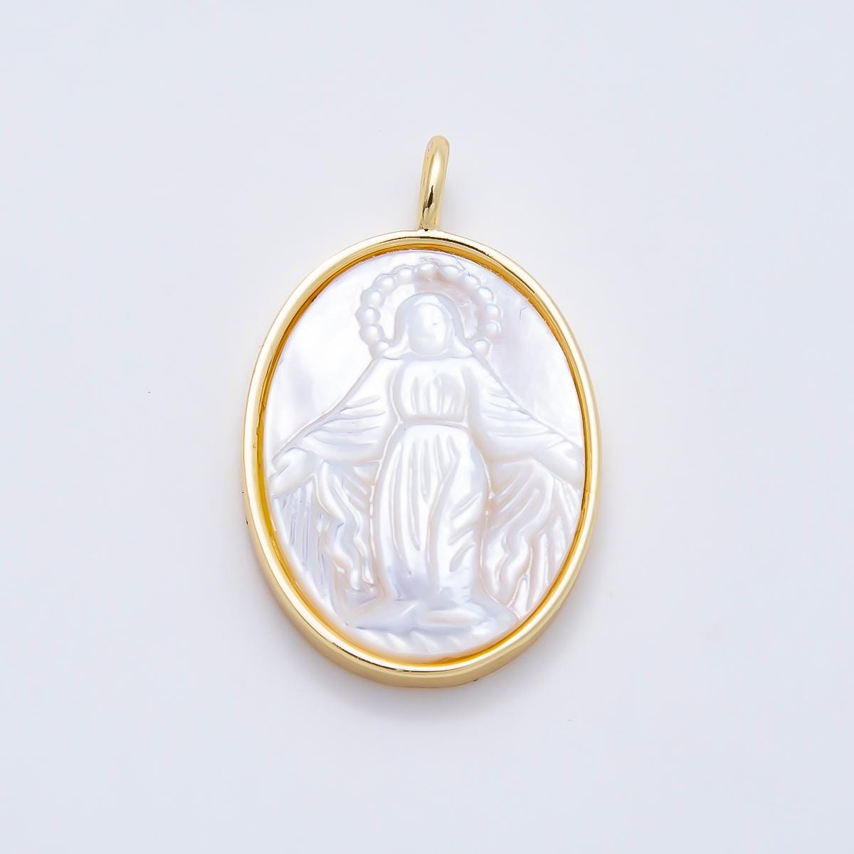 16K Gold Filled 27mm White Shell Pearl Lady Guadalupe Mary Oval Charm Religious Medallion Sacred Heart Protection Gift | Charms-01508