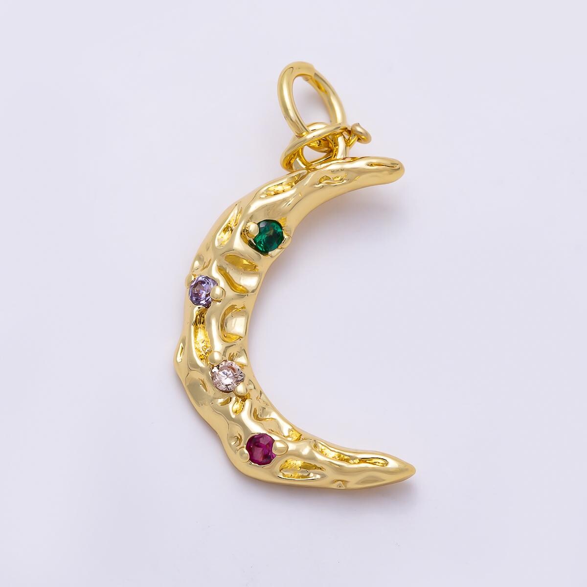 Crescent moon charm 16k gold filled Rustic Moon pendant necklace, celestial jewelry Multi Color cz stone Charms-01487