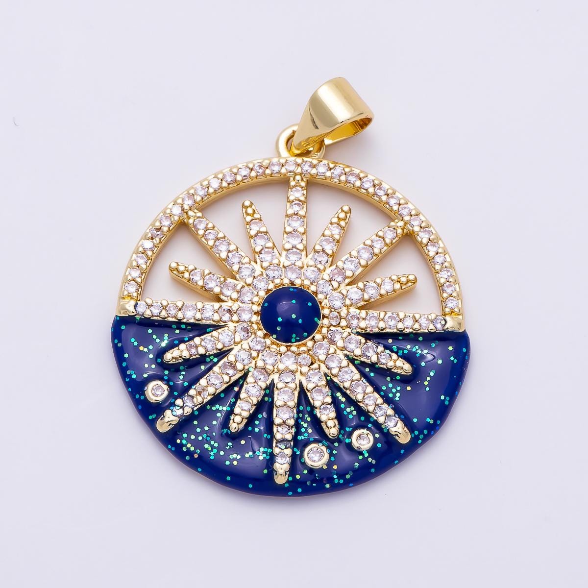 Gold blue Enamel north star compass coin medallion pendant, 16k gold filled round micro pave cz Celestial charm for jewelry | Charms-01489