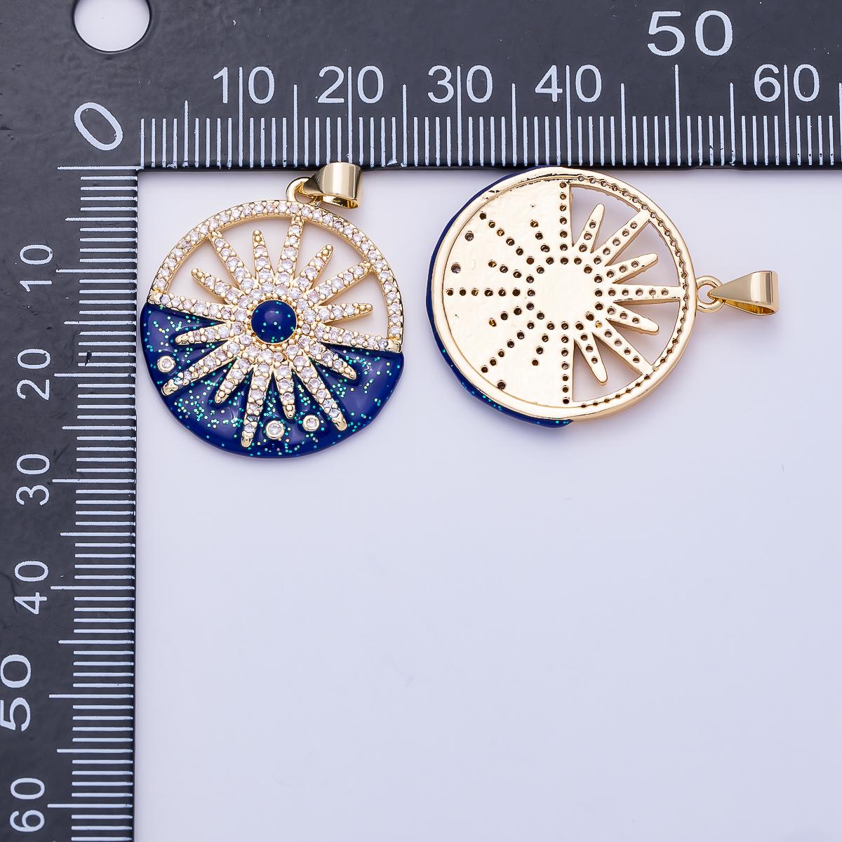 Gold blue Enamel north star compass coin medallion pendant, 16k gold filled round micro pave cz Celestial charm for jewelry | Charms-01489