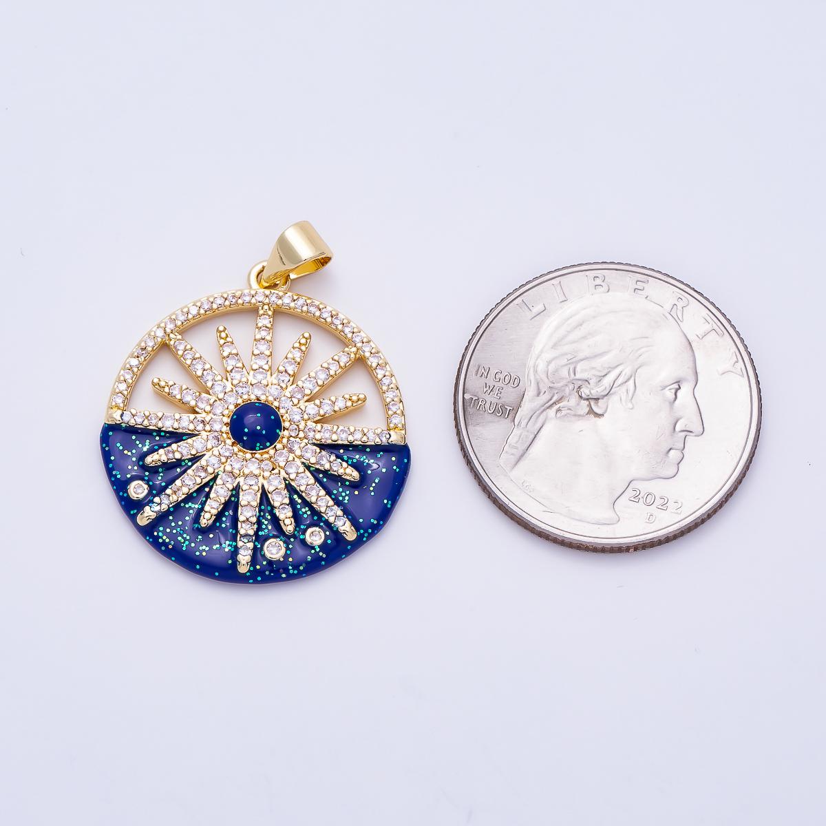 Gold blue Enamel north star compass coin medallion pendant, 16k gold filled round micro pave cz Celestial charm for jewelry | Charms-01489