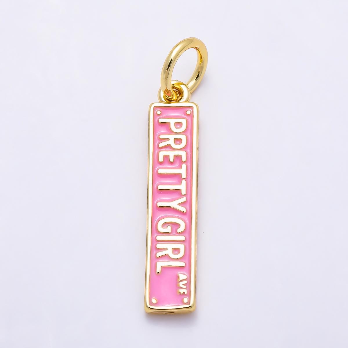 16K Gold Filled 22mm "Pretty Girl Ave" Pink Enamel Street Sign Charm Y2k Pop Star Gift for Her custom necklace or bracelet | Charms-01505