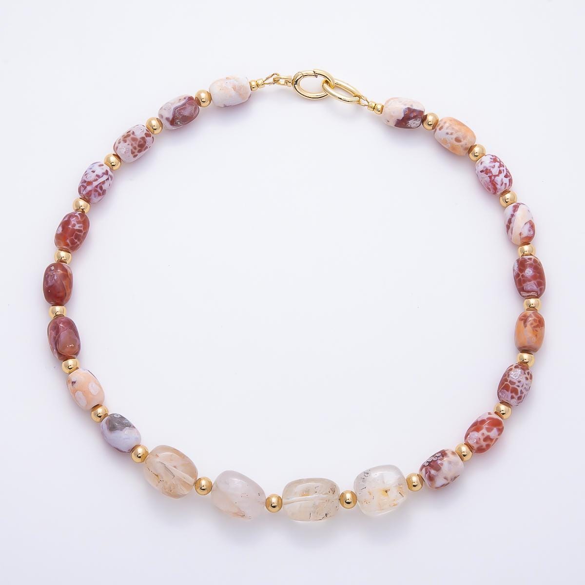16K Gold Filled 10.5mm Red Jasper Bead Rectangle Gemstone Chain 19 Inch Necklace w. Dual Push Gate Boho Beach Jewelry for her | WA-00048