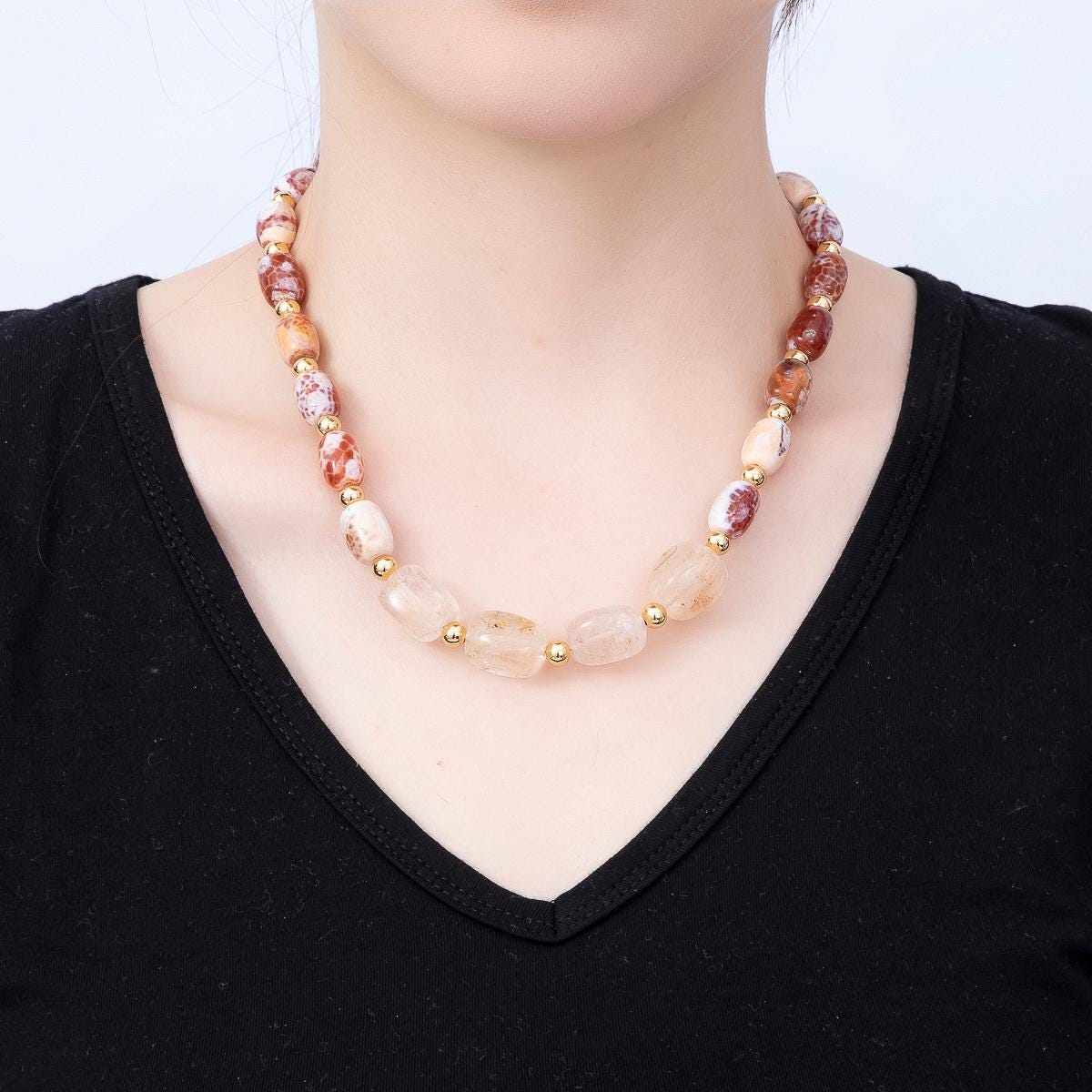 16K Gold Filled 10.5mm Red Jasper Bead Rectangle Gemstone Chain 19 Inch Necklace w. Dual Push Gate Boho Beach Jewelry for her | WA-00048