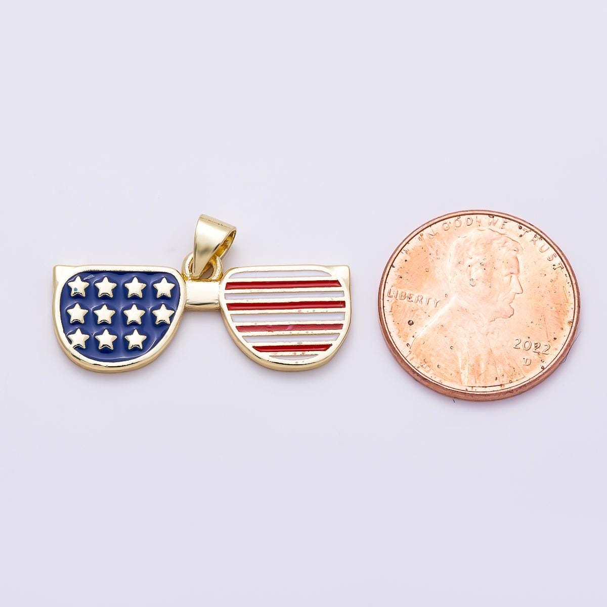 16K Gold Filled 12mm USA America Flag Enamel Sunglasses Pendant Patriotic Red White and Blue Independence Day Gift | Charms-01492
