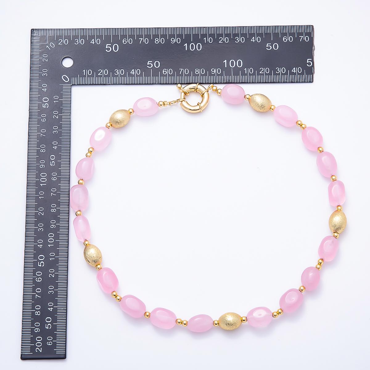 16K Gold Filled 10mm Pink Quartz Textured Bead Rectangle Gemstone Chain 19 Inch Necklace w. Sailor Clasps Layering Jewelry for her| WA-01958
