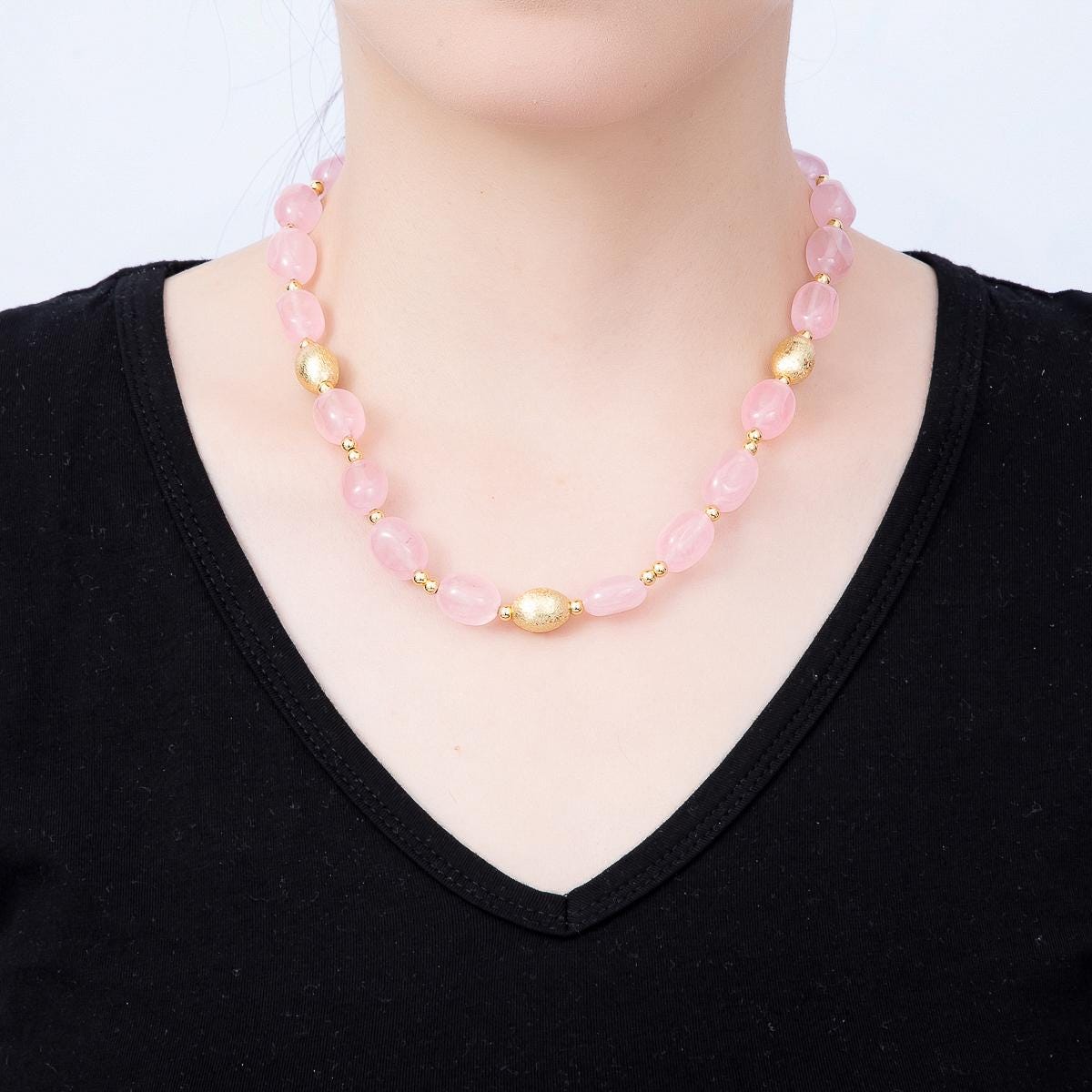 16K Gold Filled 10mm Pink Quartz Textured Bead Rectangle Gemstone Chain 19 Inch Necklace w. Sailor Clasps Layering Jewelry for her| WA-01958
